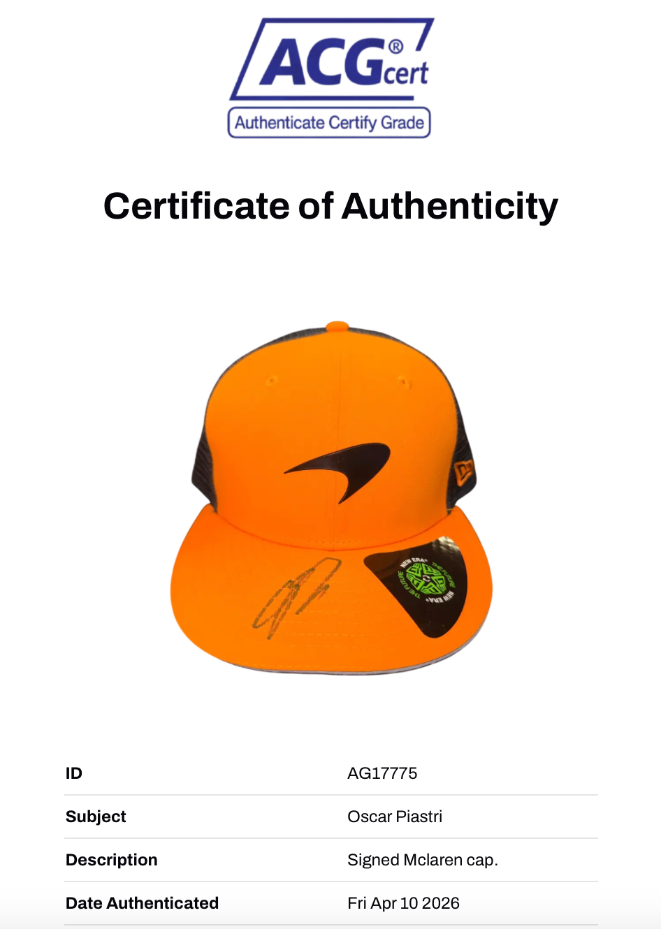 OSCAR PIASTRI SIGNED MCLAREN CASTORE 2025 FORMULA 1 CAP (ACG CERT AG17775)