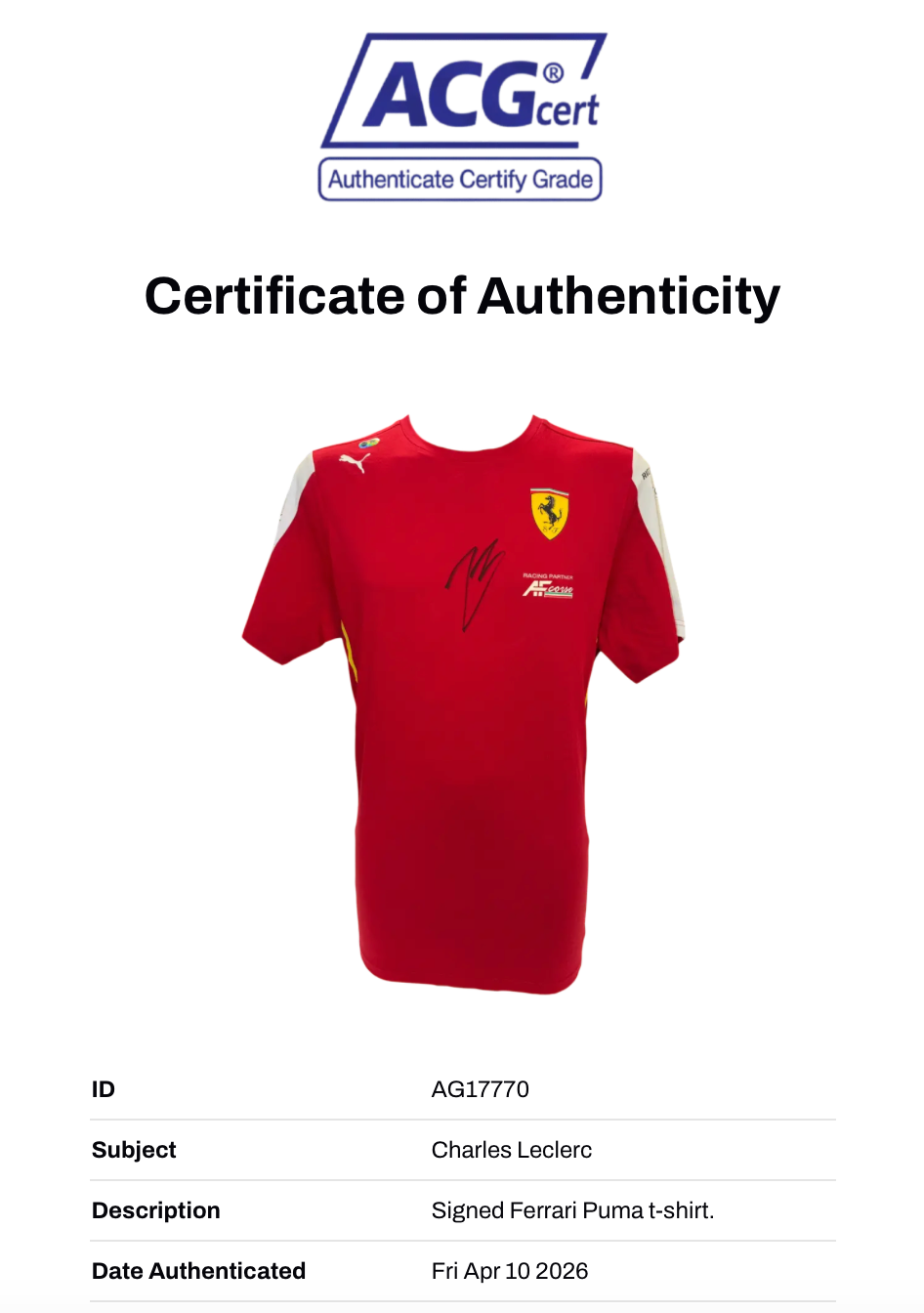CHARLES LECLERC SIGNED FERRARI PUMA 2025 FORMULA 1 T-SHIRT (ACG CERT AG17770)