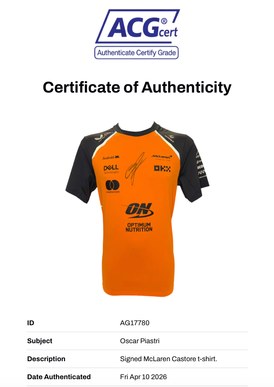 OSCAR PIASTRI SIGNED MCLAREN CASTORE 2025 FORMULA 1 T-SHIRT (ACG CERT AG17780)