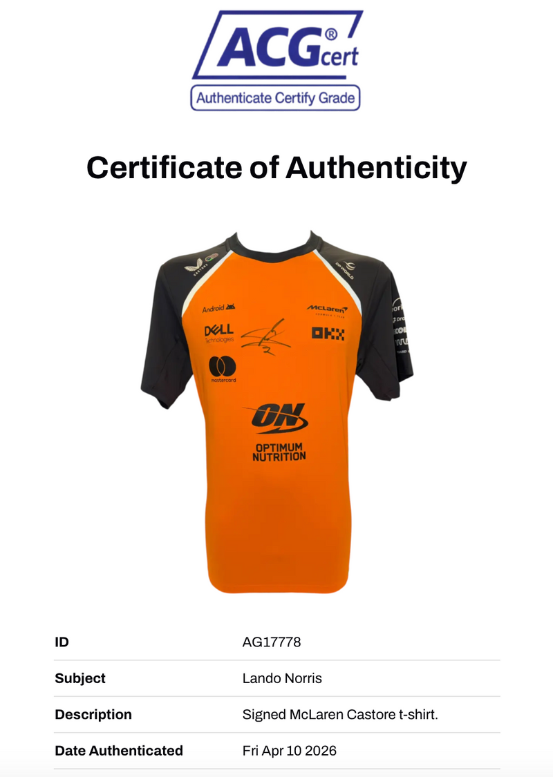 LANDO NORRIS SIGNED MCLAREN FORMULA 1 CHAMPION T-SHIRT (ACG CERT AG17778)-2