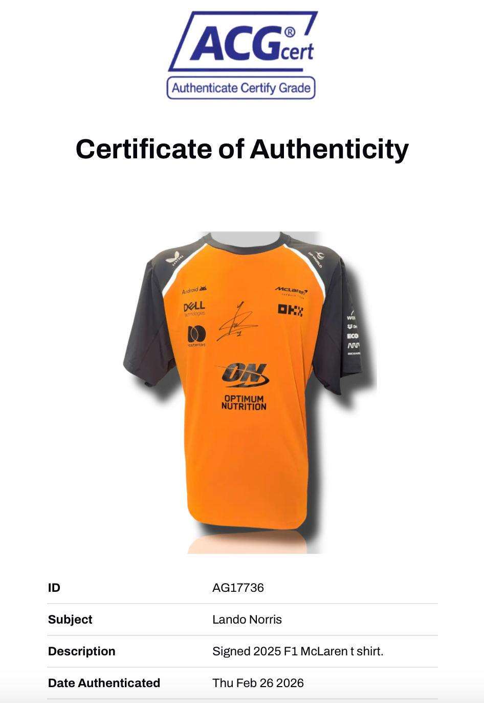 LANDO NORRIS SIGNED FRAMED MCLAREN 2025 F1 CHAMPION SHIRT (ACG CERT AG17736)