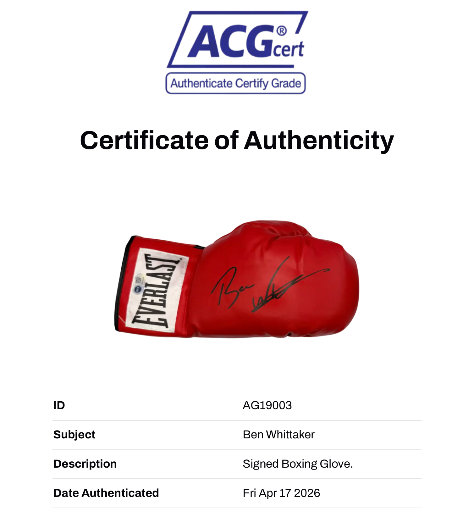 BEN WHITTAKER THE SURGEON SIGNED RED EVERLAST BOXING GLOVE (ACG CERT AG19003)