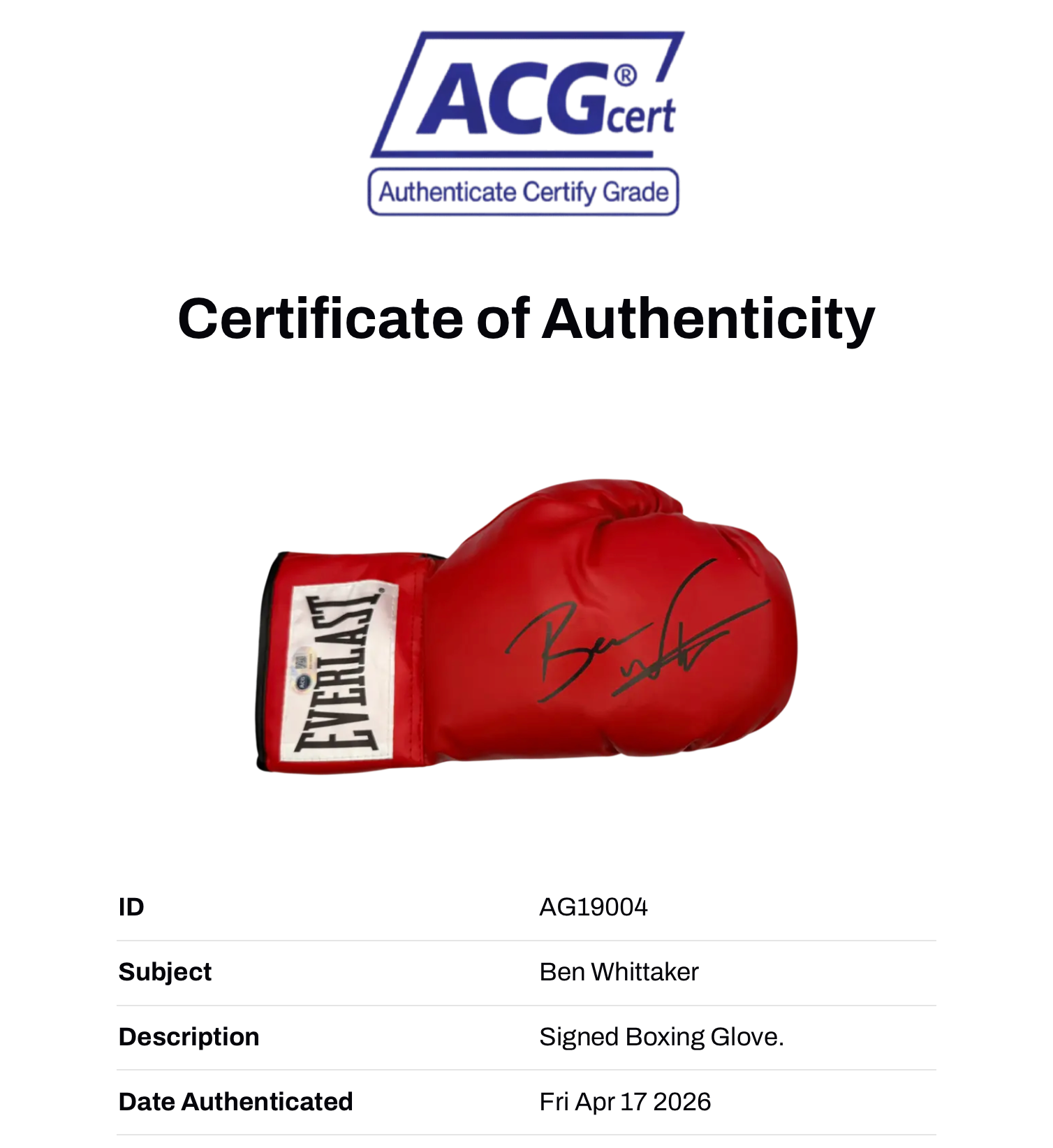 BEN WHITTAKER THE SURGEON SIGNED RED EVERLAST BOXING GLOVE (ACG CERT AG19004)-3