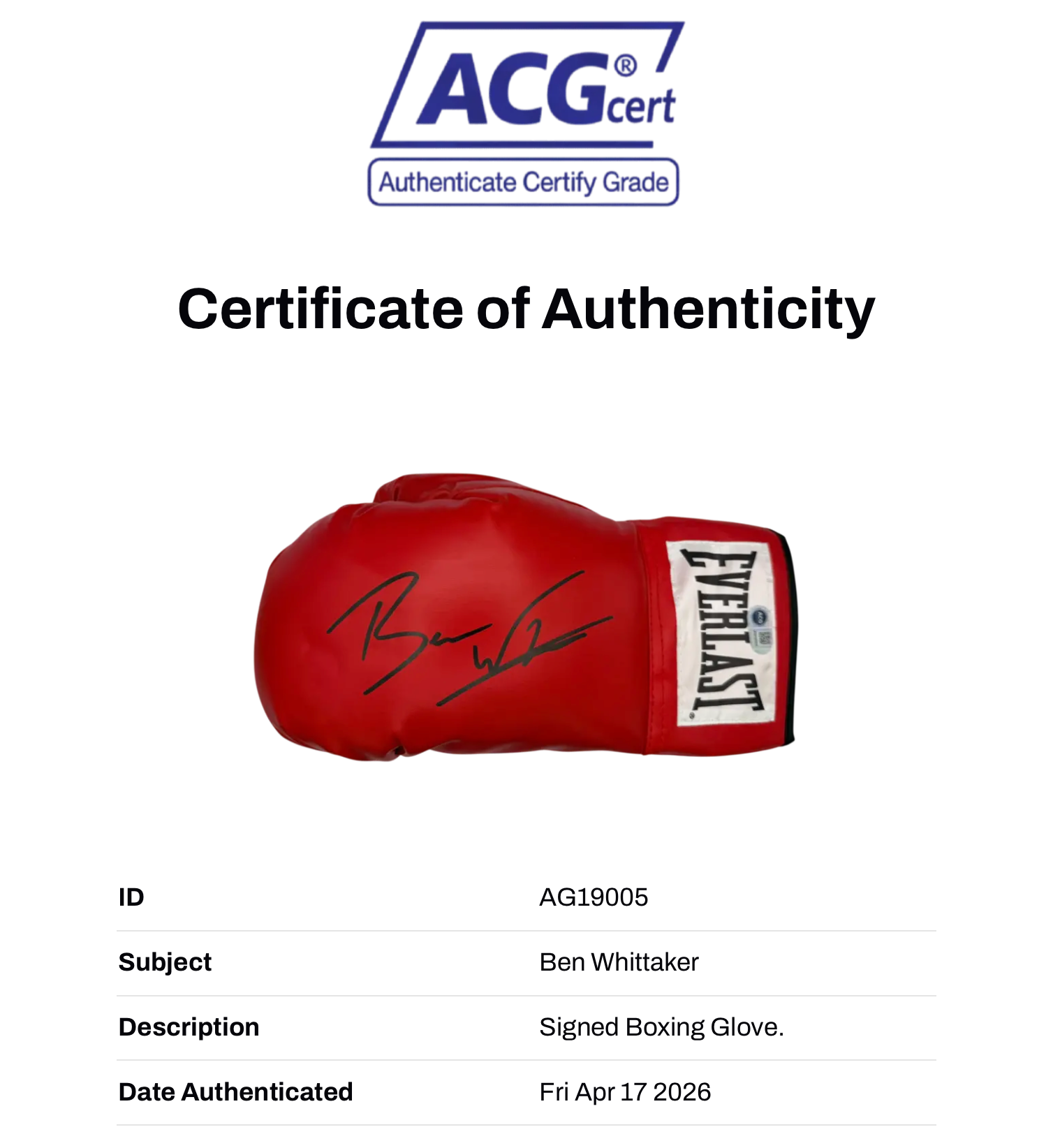 BEN WHITTAKER THE SURGEON SIGNED RED EVERLAST BOXING GLOVE (ACG CERT AG19005)-3