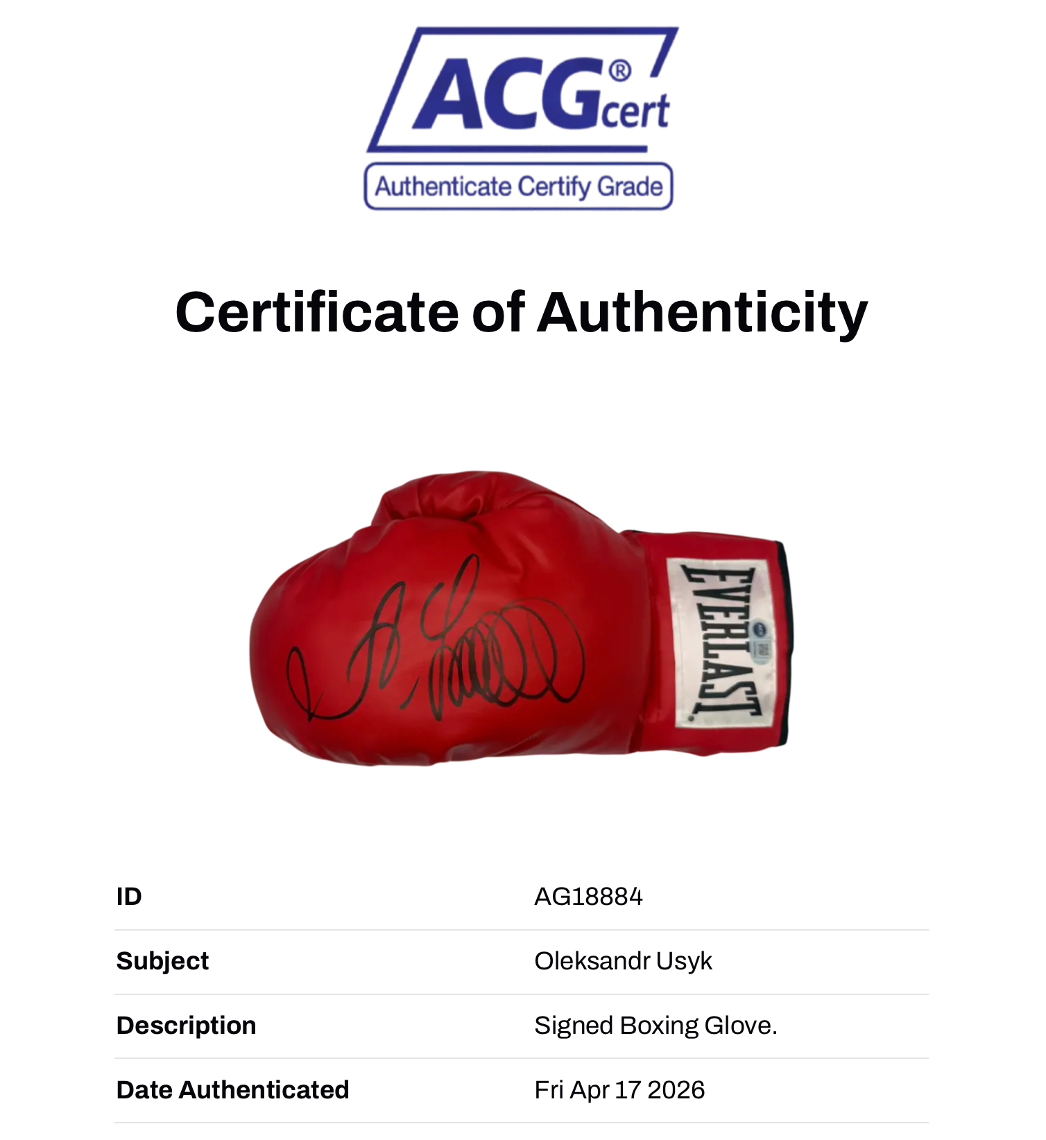 OLEKSANDR USYK SIGNED RED EVERLAST BOXING GLOVE UNDISPUTED CHAMP (ACG CERT AG18884)-3