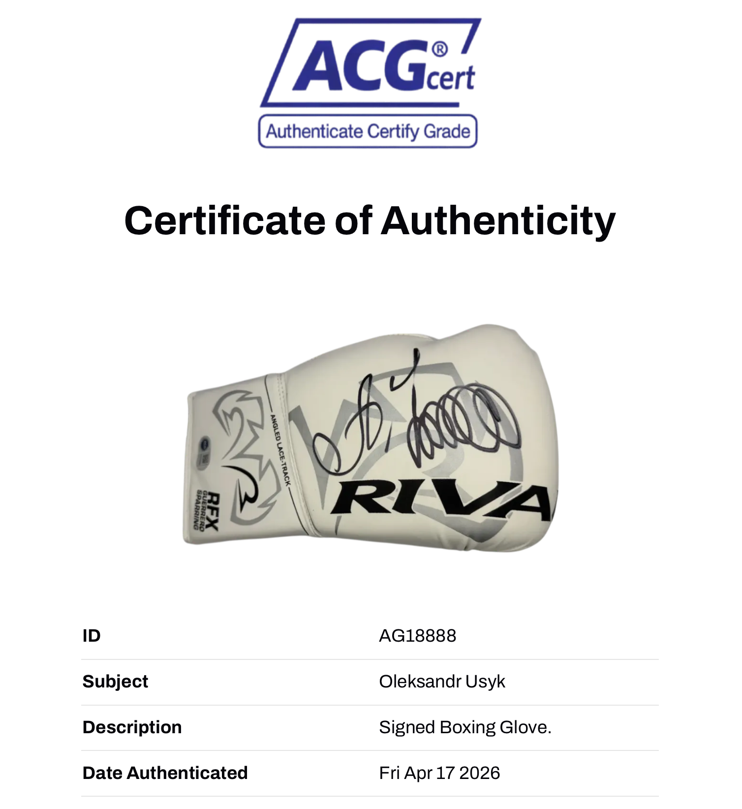 OLEKSANDR USYK SIGNED WHITE RIVAL BOXING GLOVE UNDISPUTED CHAMP (ACG CERT AG18888)-3