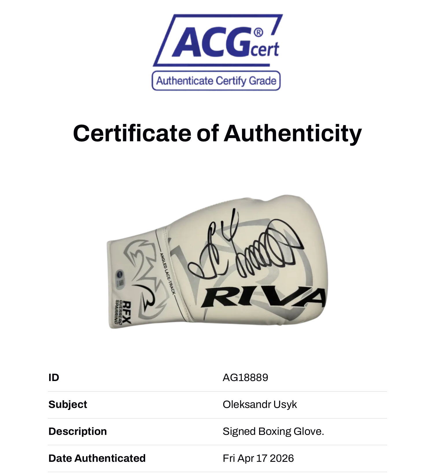 OLEKSANDR USYK SIGNED WHITE RIVAL BOXING GLOVE UNDISPUTED CHAMP (ACG CERT AG18889)-3