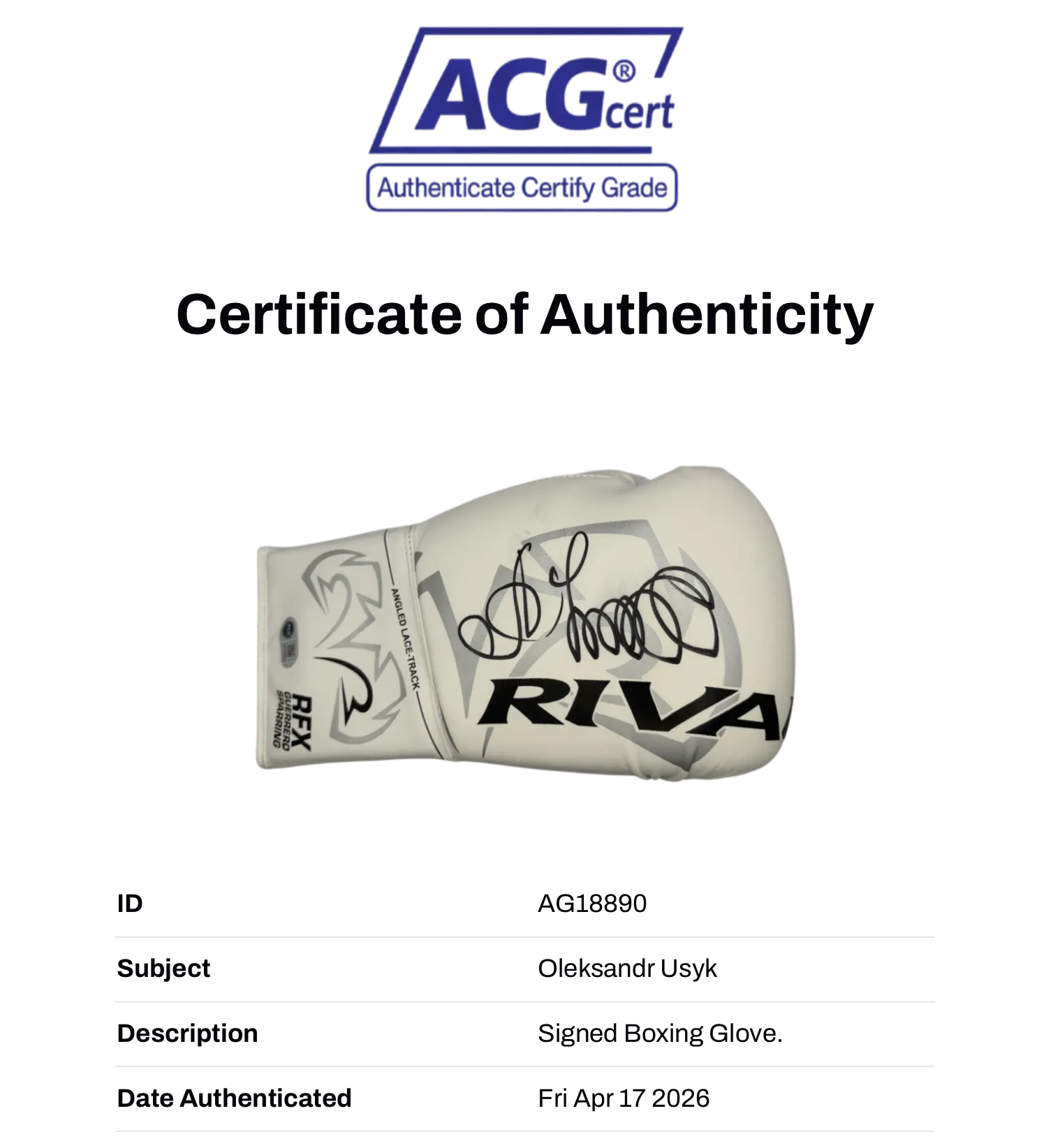 OLEKSANDR USYK SIGNED WHITE RIVAL BOXING GLOVE UNDISPUTED CHAMP (ACG CERT AG18890)-3
