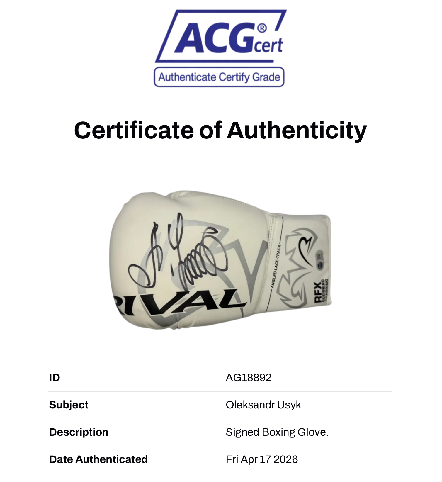 OLEKSANDR USYK SIGNED WHITE RIVAL BOXING GLOVE UNDISPUTED CHAMP (ACG CERT AG18892)-3