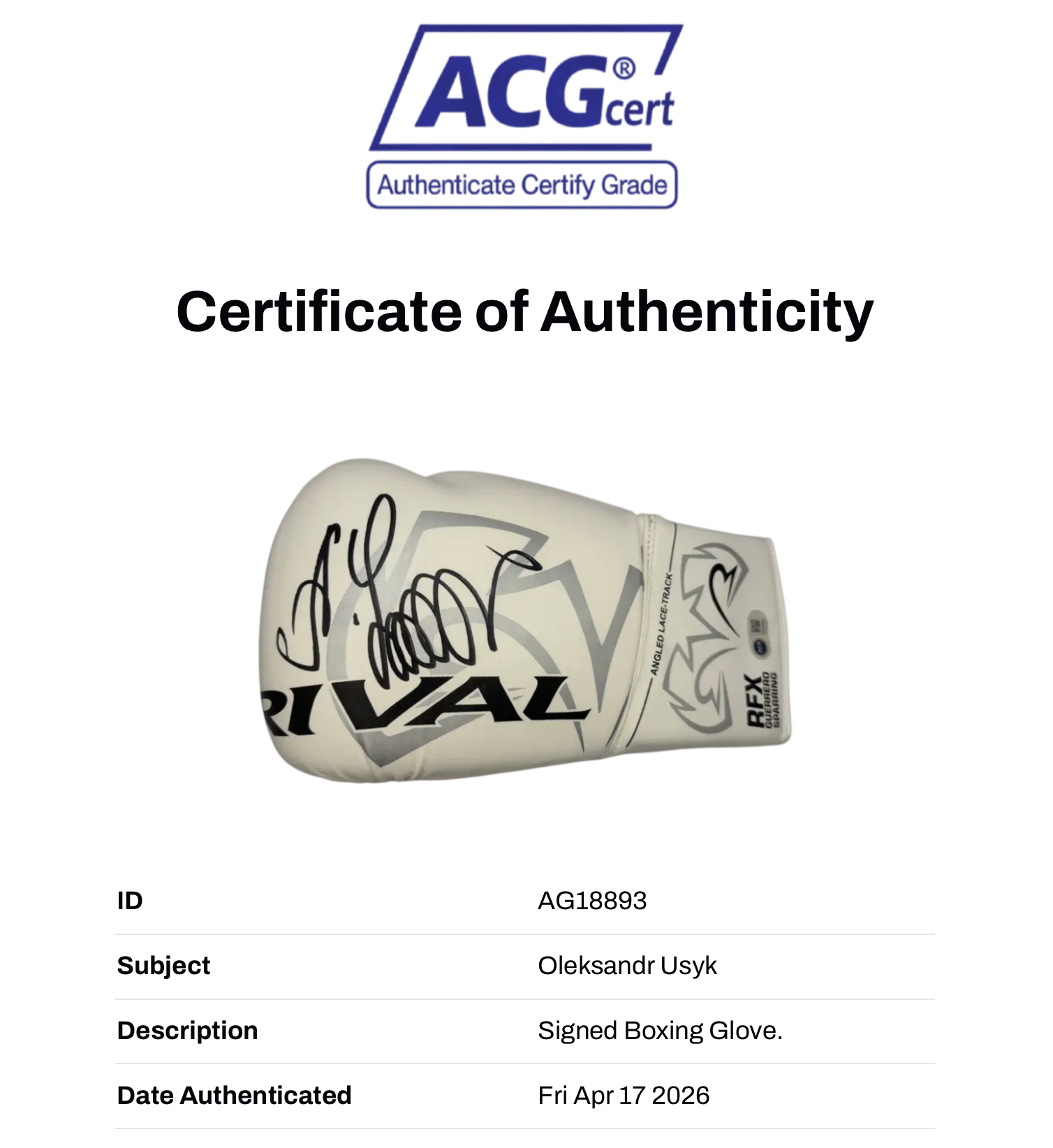 OLEKSANDR USYK SIGNED WHITE RIVAL BOXING GLOVE UNDISPUTED CHAMP (ACG CERT AG18893)