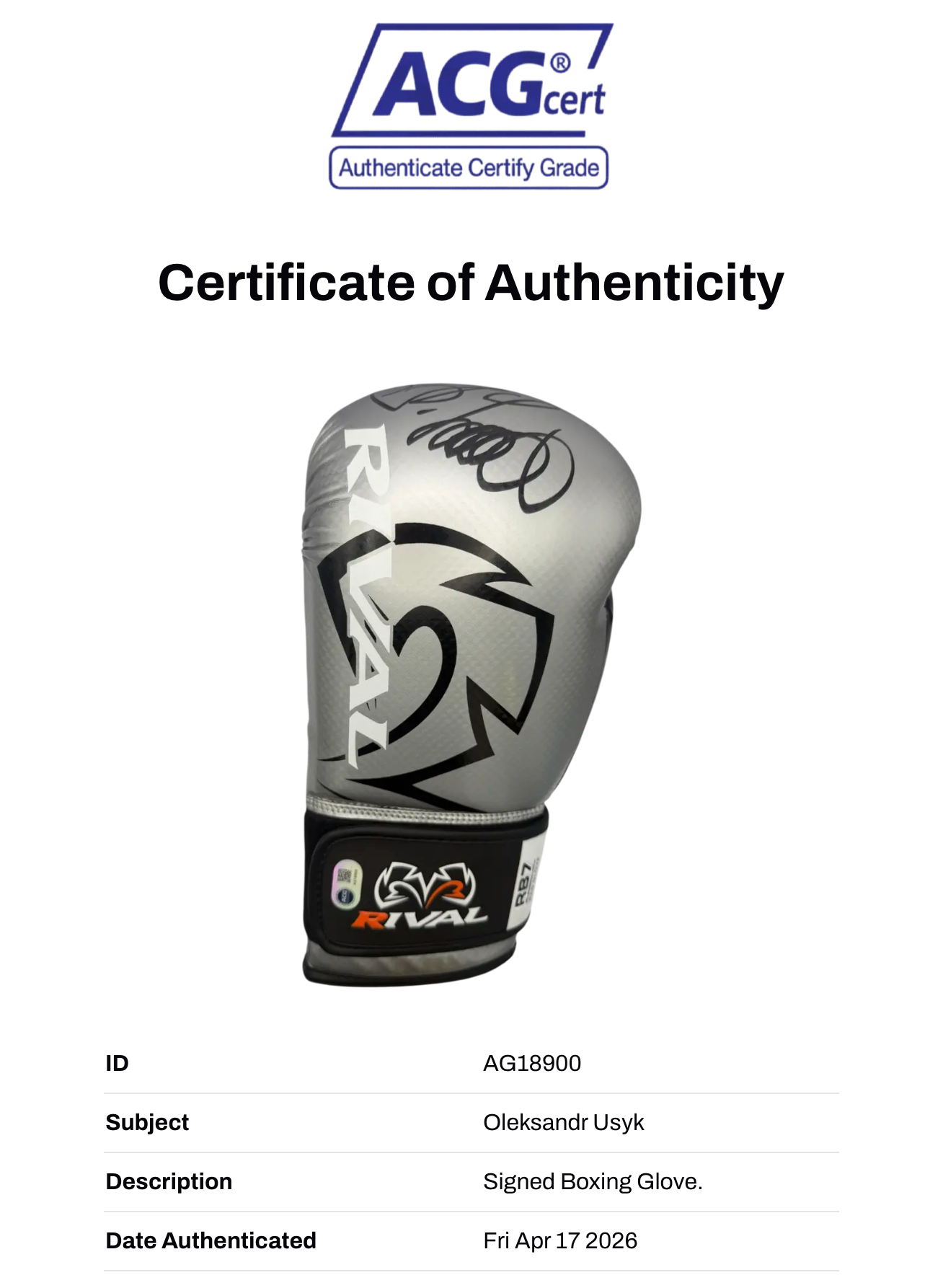 OLEKSANDR USYK SIGNED SILVER RIVAL BOXING GLOVE UNDISPUTED CHAMP (ACG CERT AG18900)