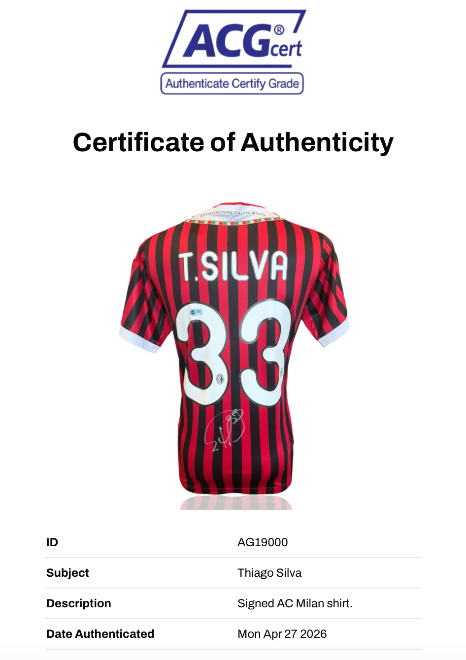 THIAGO SILVA SIGNED AC MILAN 2011/12 HOME SHIRT (ACG CERT AG19000)-2