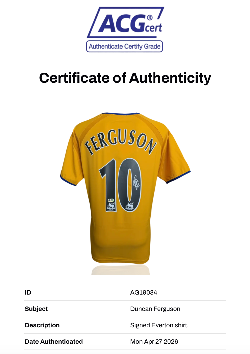 DUNCAN FERGUSON SIGNED EVERTON FC 2003/04 AWAY SHIRT (ACG CERT AG19034)-2