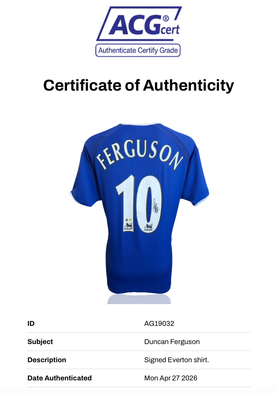 DUNCAN FERGUSON SIGNED EVERTON FC 2003/04 HOME SHIRT (ACG CERT AG19032)-2