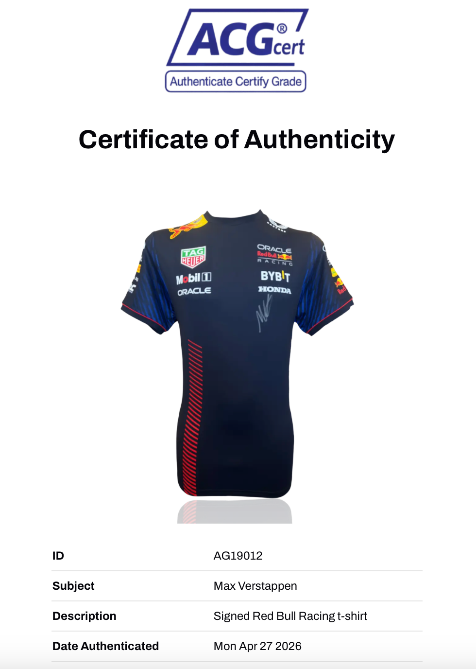 MAX VERSTAPPEN SIGNED RED BULL RACING ORACLE FORMULA 1 T-SHIRT (ACG CERT AG19012)-2