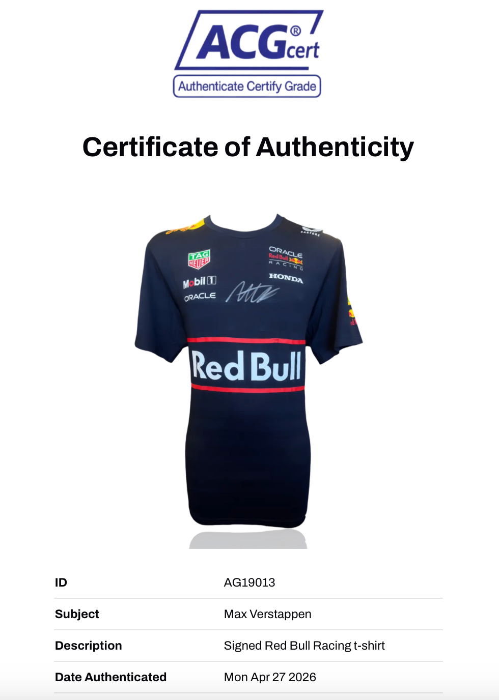 MAX VERSTAPPEN SIGNED RED BULL RACING ORACLE FORMULA 1 T-SHIRT (ACG CERT AG19013)