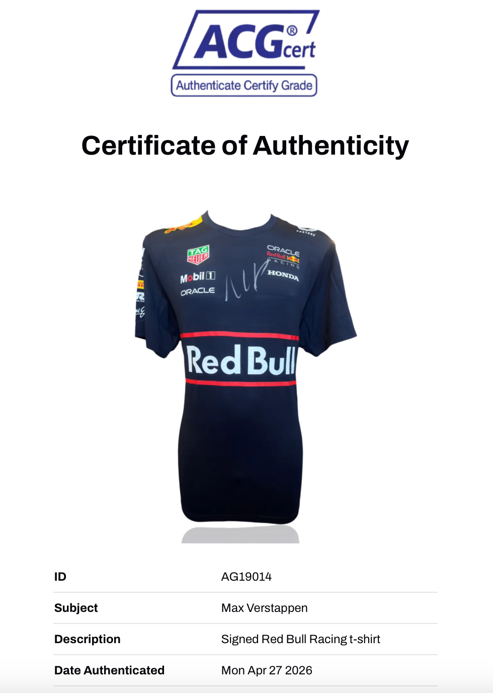 MAX VERSTAPPEN SIGNED RED BULL RACING ORACLE FORMULA 1 T-SHIRT (ACG CERT AG19014)-2