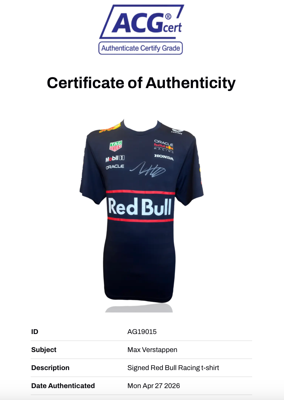 MAX VERSTAPPEN SIGNED RED BULL RACING ORACLE FORMULA 1 T-SHIRT (ACG CERT AG19015)-2