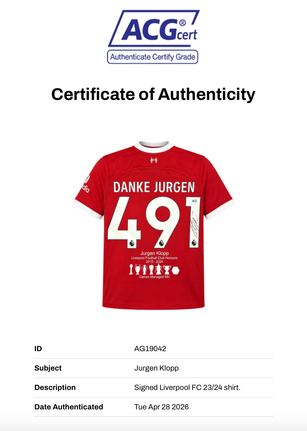 JURGEN KLOPP SIGNED 23/24 LIVERPOOL DANKE JURGEN 491 SHIRT (ACG CERT AG19042)
