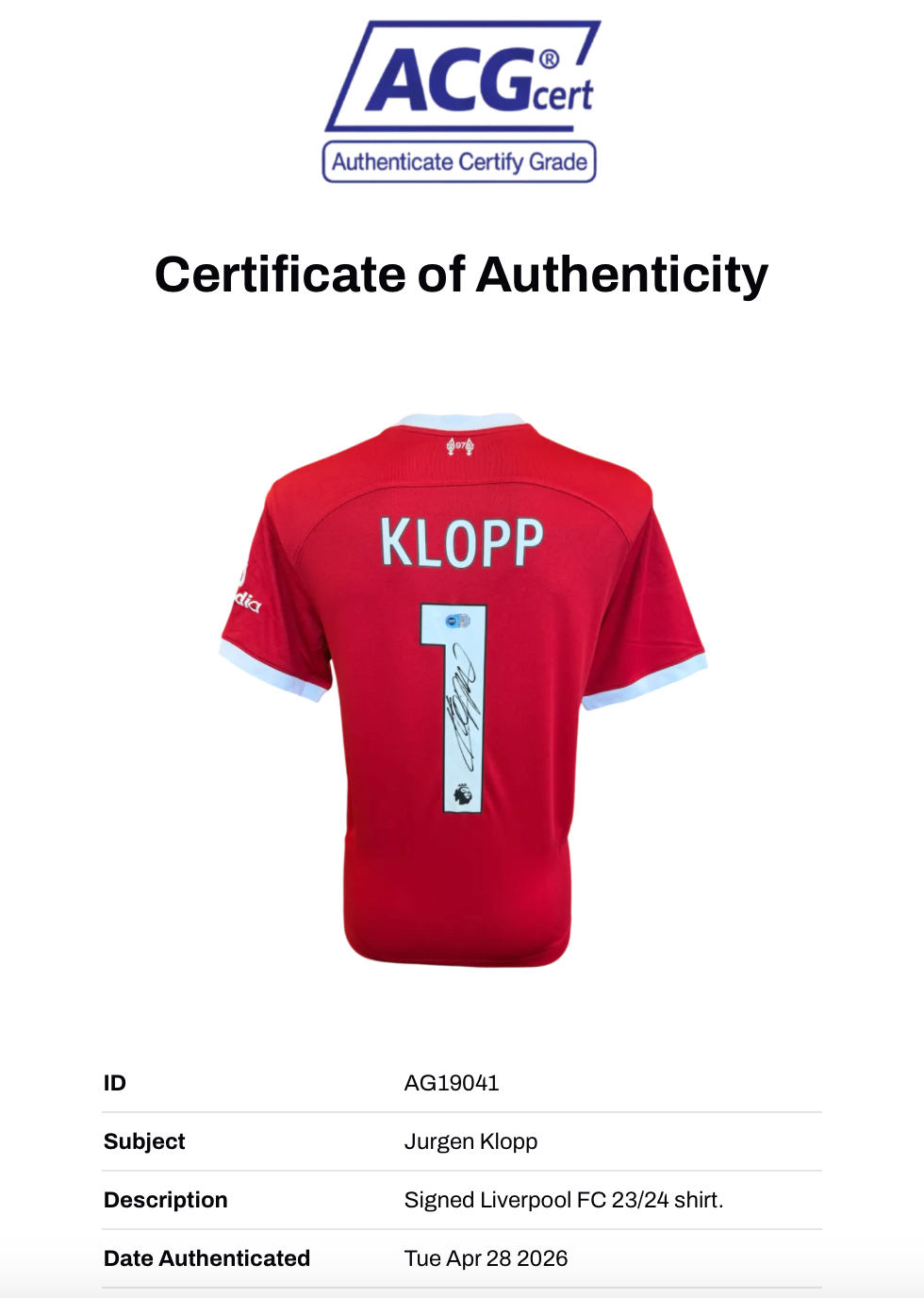 JURGEN KLOPP SIGNED 2023/24 LIVERPOOL FC HOME SHIRT (ACG CERT AG19041)-2