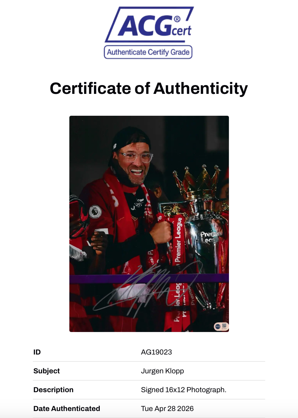 JURGEN KLOPP SIGNED LIVERPOOL FC PREMIER LEAGUE WIN 16x12 PHOTO (ACG CERT AG19023)