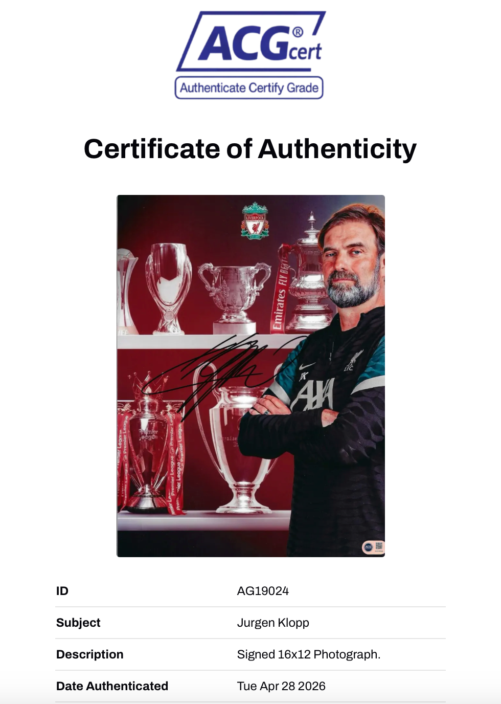 JURGEN KLOPP SIGNED LIVERPOOL FC 16x12 EVERY TROPHY PHOTO (ACG CERT AG19024)