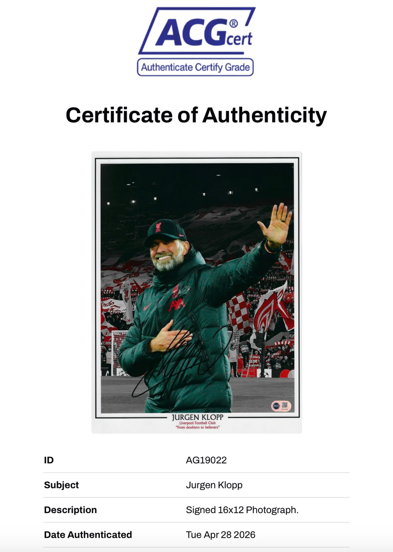 JURGEN KLOPP SIGNED DOUBTERS TO BELIEVERS LFC 16x12 PHOTO (ACG CERT AG19022)-2