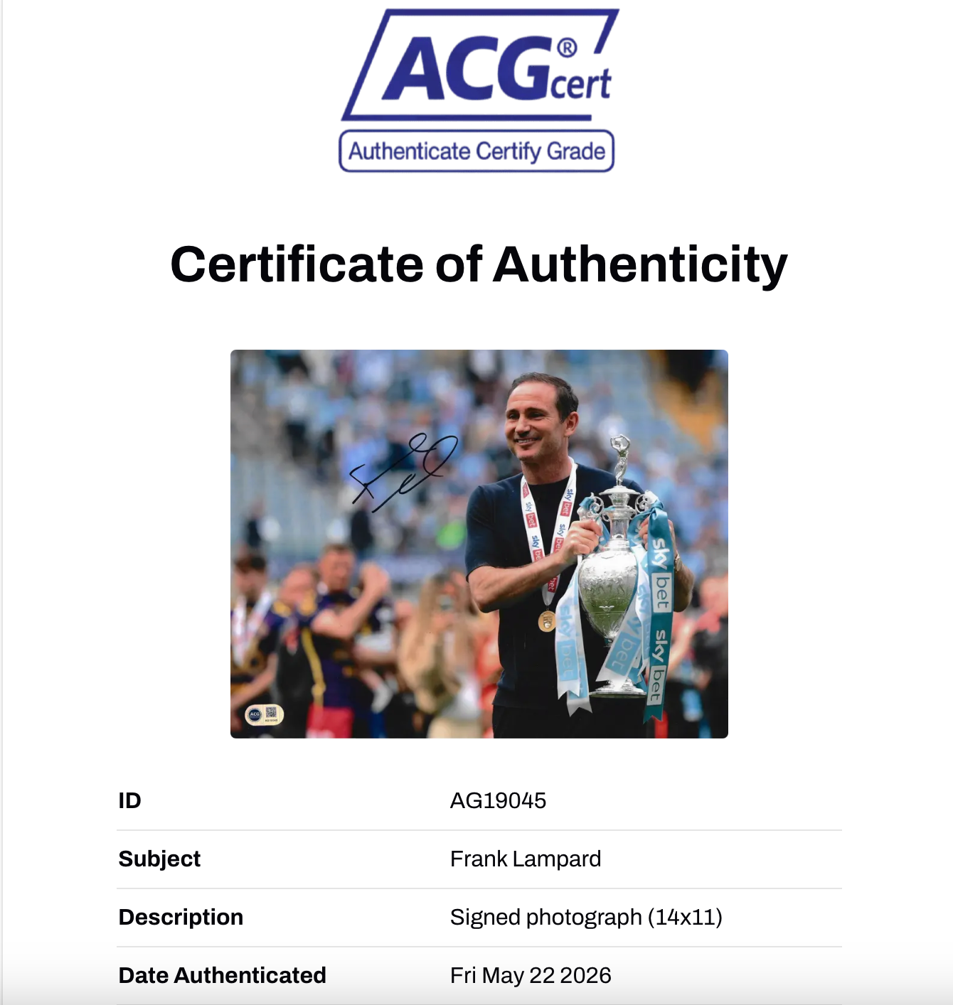 FRANK LAMPARD SIGNED COVENTRY CITY CHAMPIONS 14X11 PHOTO (ACG CERT AG19045)-2