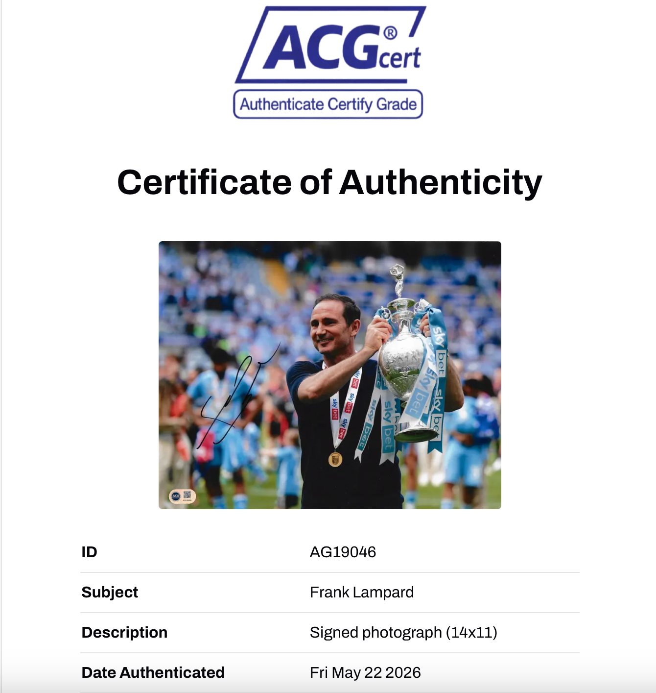 FRANK LAMPARD SIGNED COVENTRY CITY CHAMPIONS 14X11 PHOTO (ACG CERT AG19046)-2