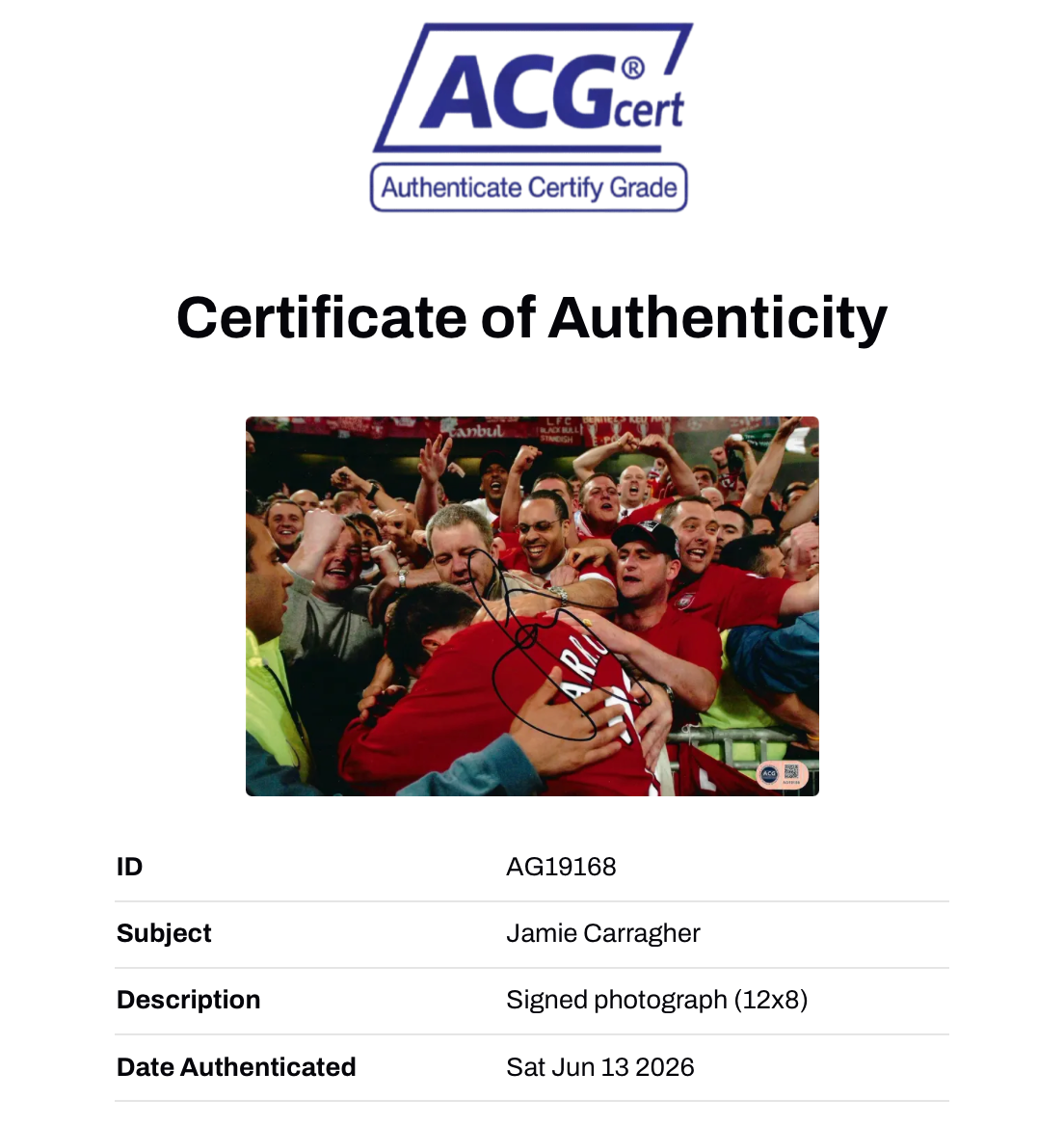 JAMIE CARRAGHER SIGNED LIVERPOOL FC 12x8 PHOTO (ACG CERT AG19168)