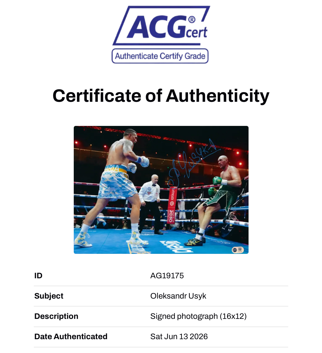 OLEKSANDR USYK SIGNED 16x12 USYK FURY CHAMP PHOTO (ACG CERT AG19175)