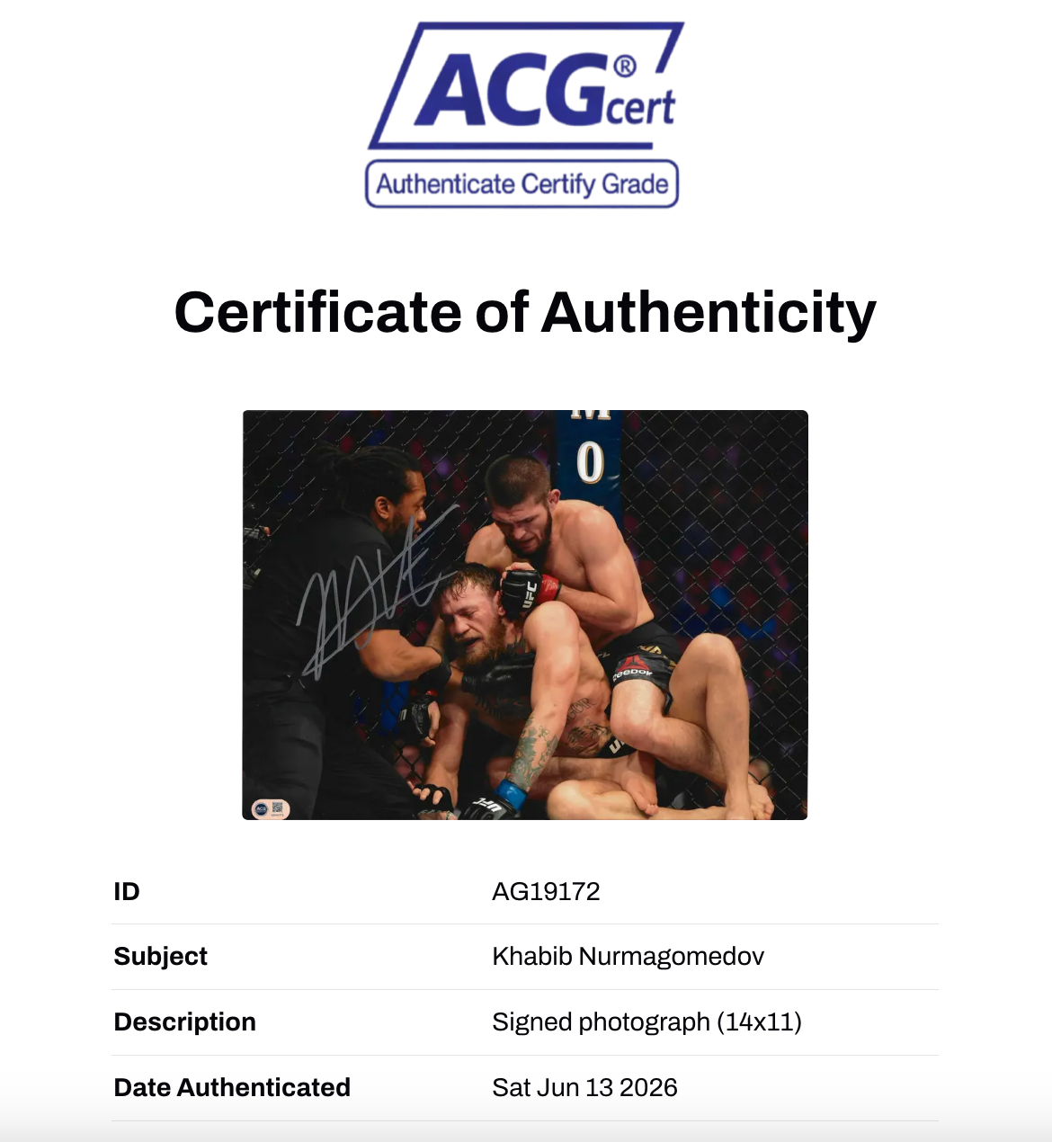 KHABIB NURMAGOMEDOV SIGNED MCGREGOR CHOKE UFC 14x11 PHOTO (ACG CERT AG19172)