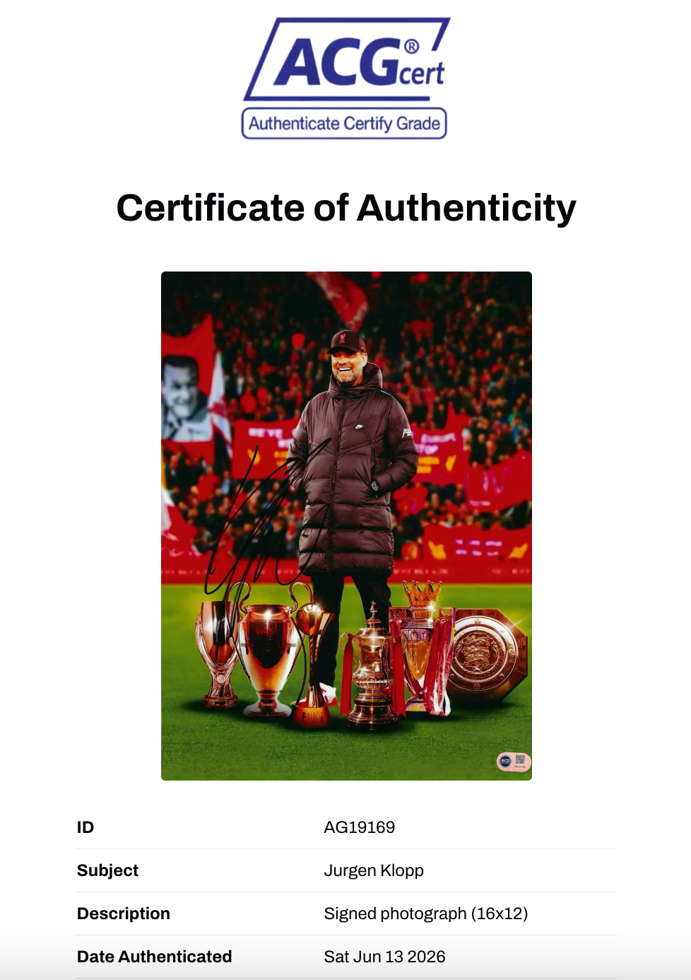 JURGEN KLOPP SIGNED LIVERPOOL FC TROPHY WINNERS 16x12 (ACG CERT AG19169)