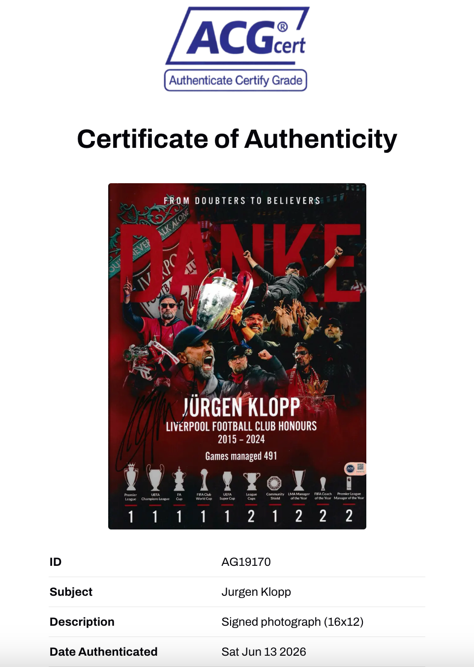 JURGEN KLOPP SIGNED DANKE JURGEN LIVERPOOL FC 16x12 (ACG CERT AG19170)