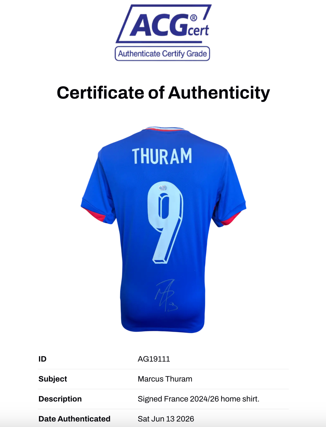 MARCUS THURAM SIGNED FRANCE EURO 2024 HOME SHIRT (ACG CERT AG19111)