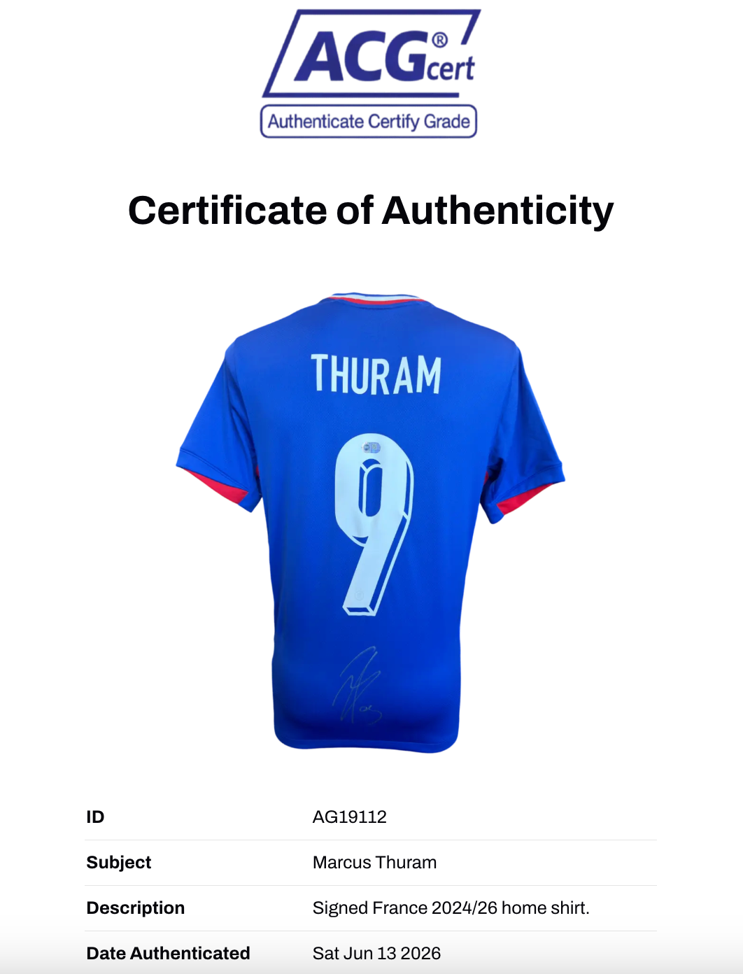 MARCUS THURAM SIGNED FRANCE EURO 2024 HOME SHIRT (ACG CERT AG19112)