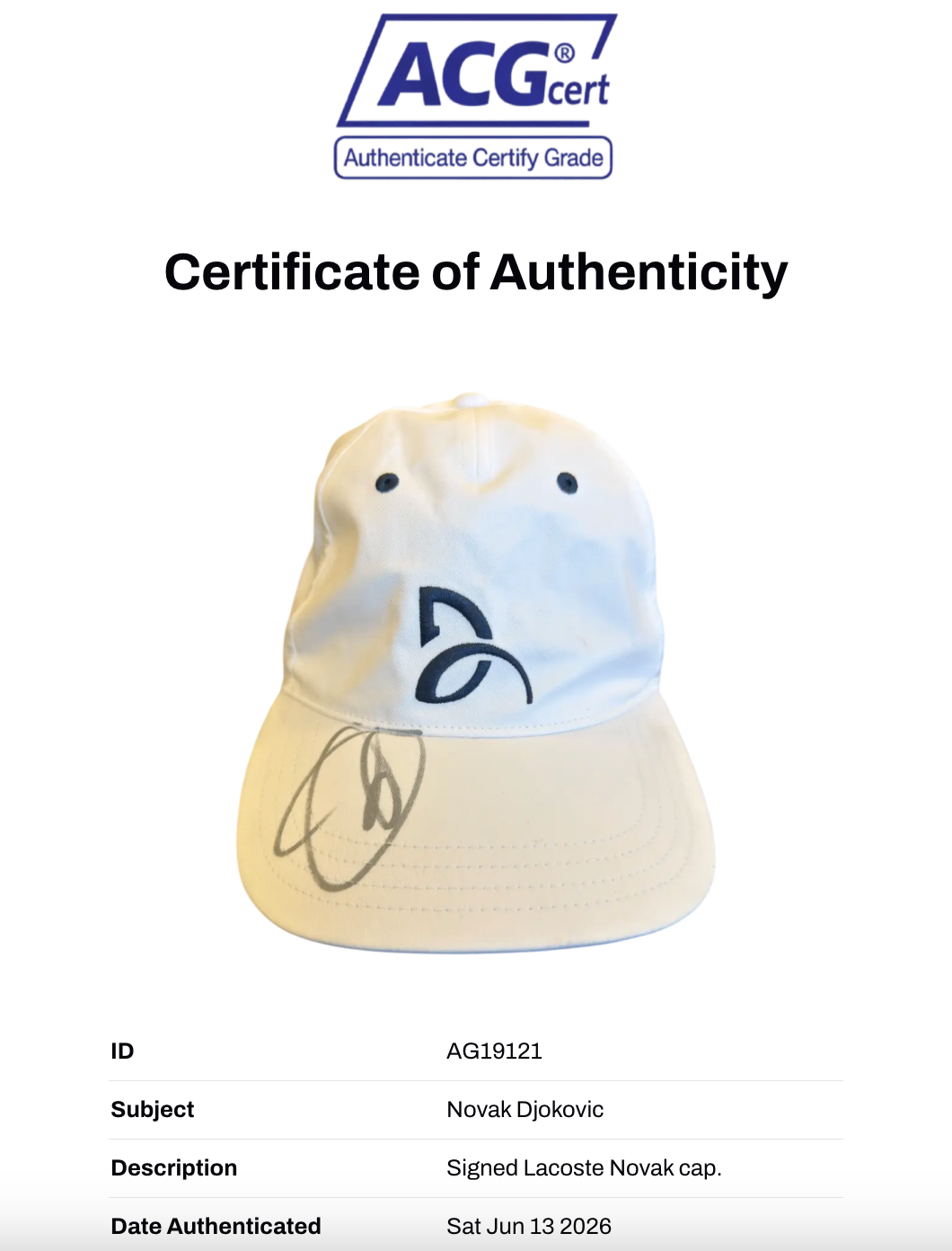 NOVAK DJOKOVIC SIGNED LACOSTE DJOKOVIC CAP (ACG CERT AG19121)