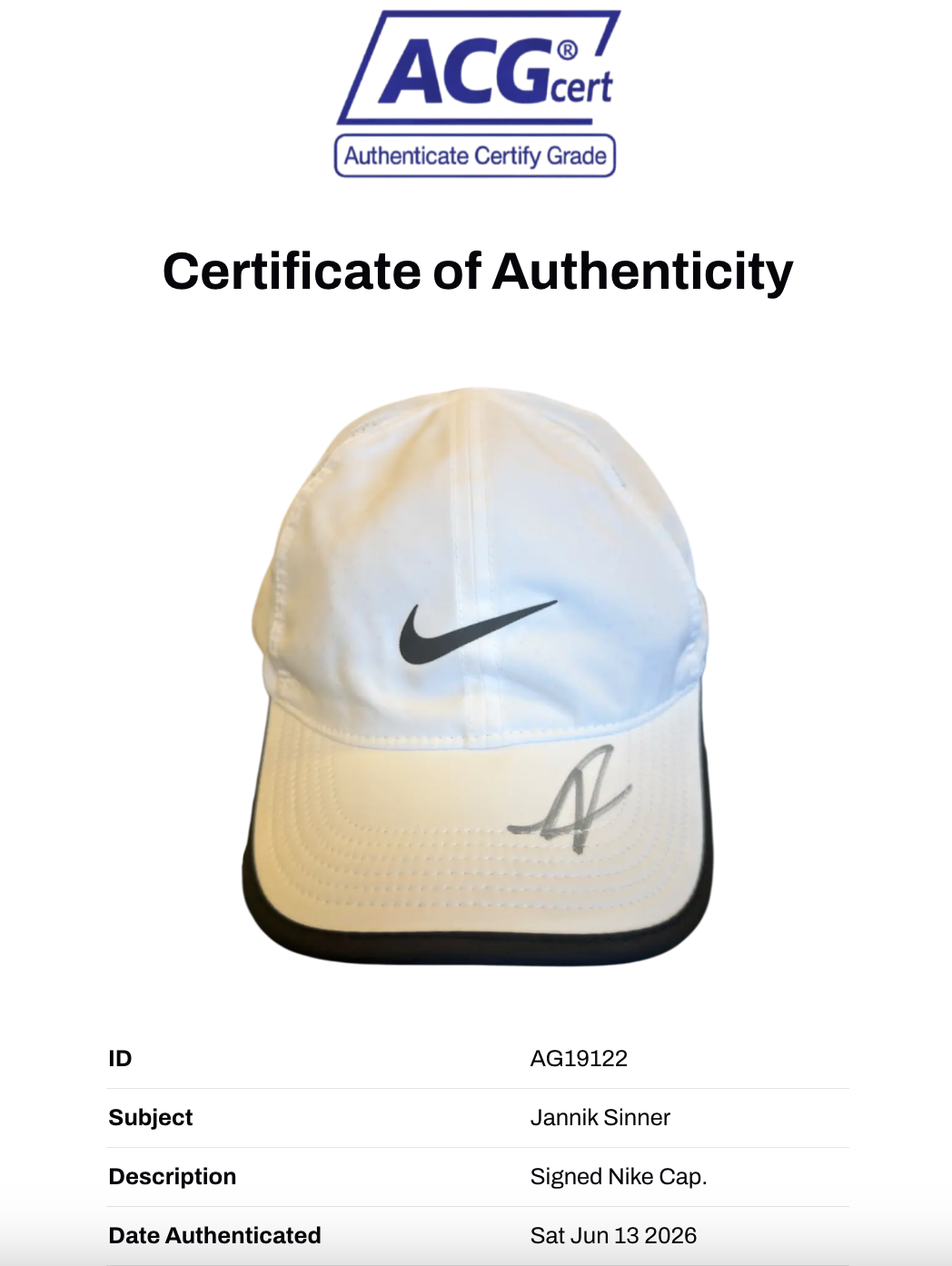 JANNIK SINNER SIGNED NIKE WHITE TENNIS CAP (ACG CERT AG19122)