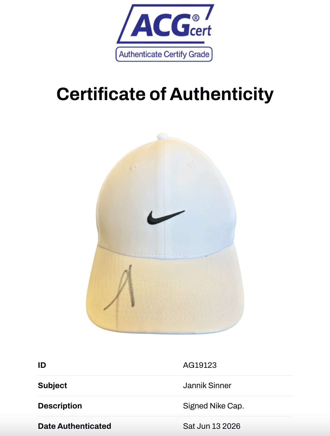 JANNIK SINNER SIGNED NIKE WHITE TENNIS CAP (ACG CERT AG19123)