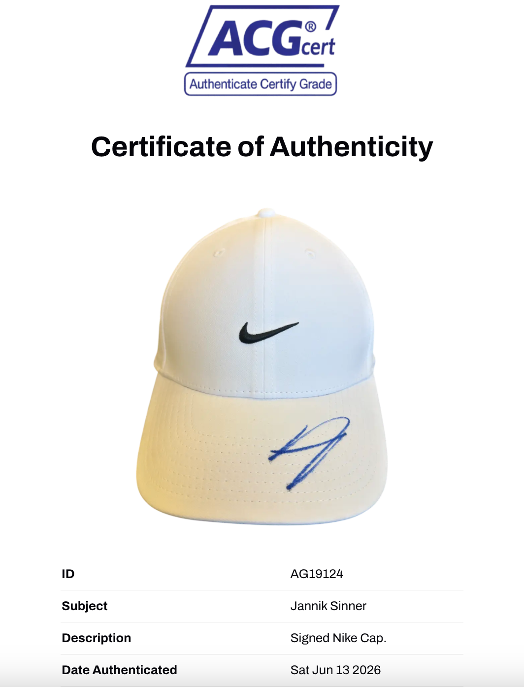 JANNIK SINNER SIGNED NIKE WHITE TENNIS CAP (ACG CERT AG19124)