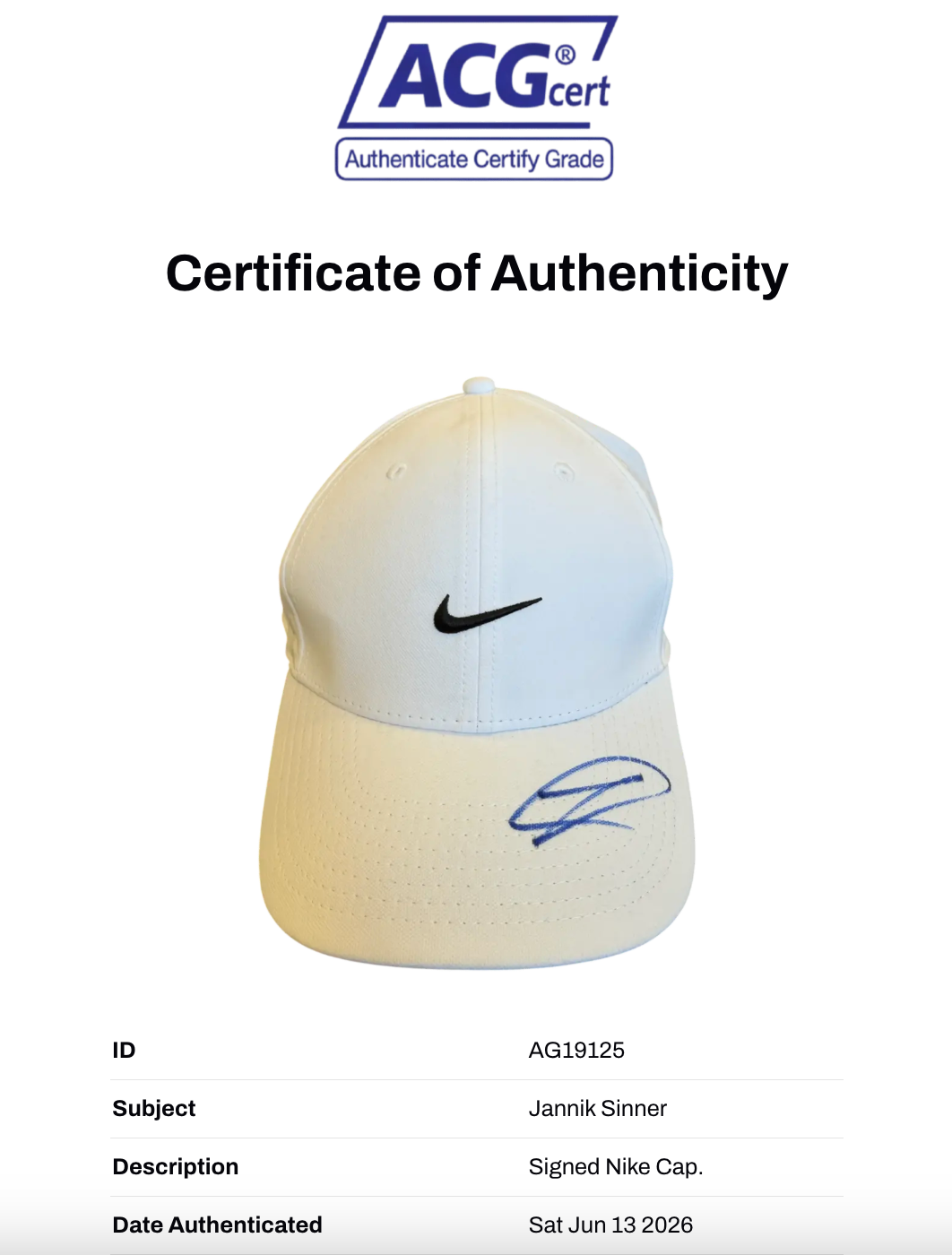 JANNIK SINNER SIGNED NIKE WHITE TENNIS CAP (ACG CERT AG19125)