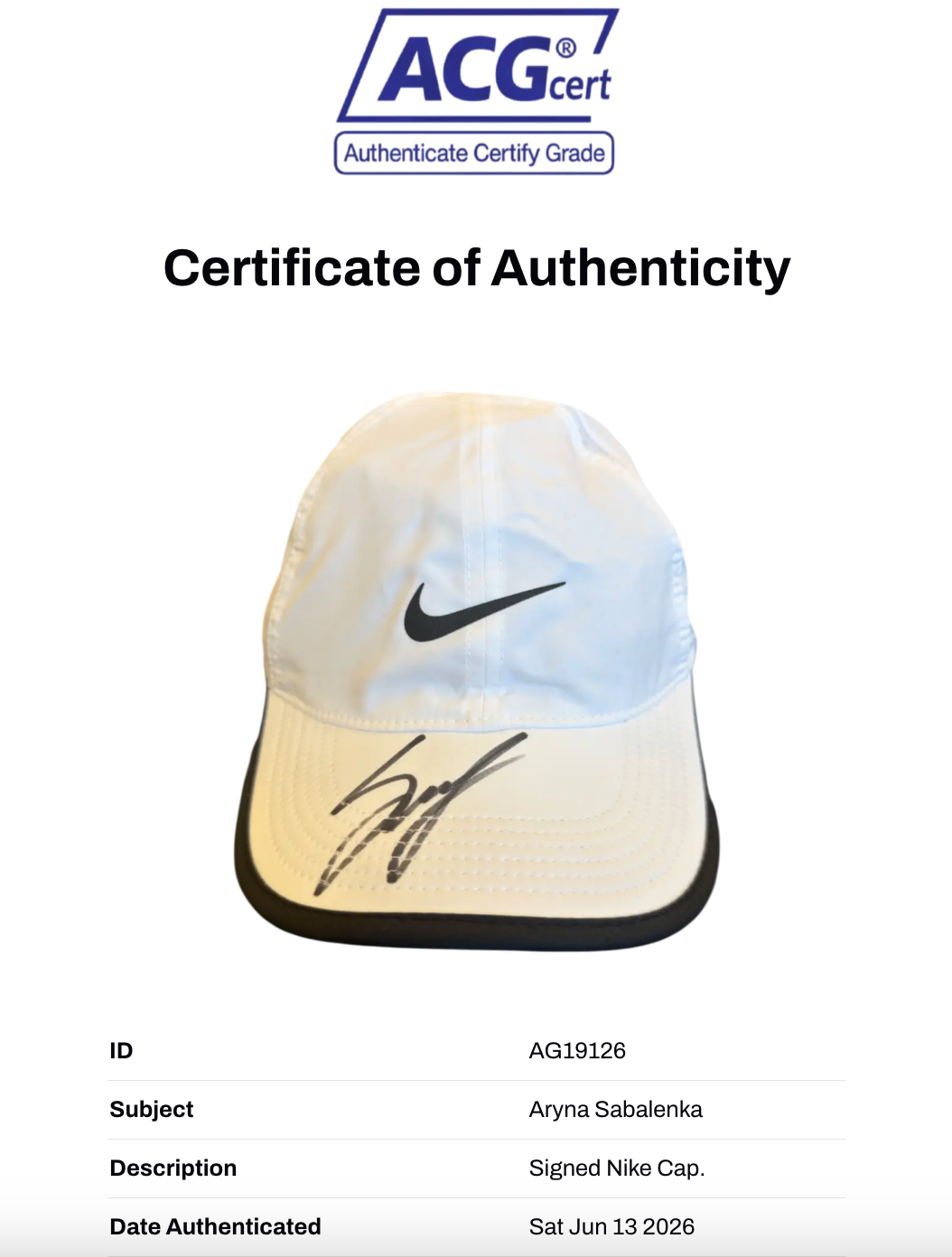 ARYNA SABALENKA SIGNED NIKE WHITE TENNIS CAP (ACG CERT AG19126)