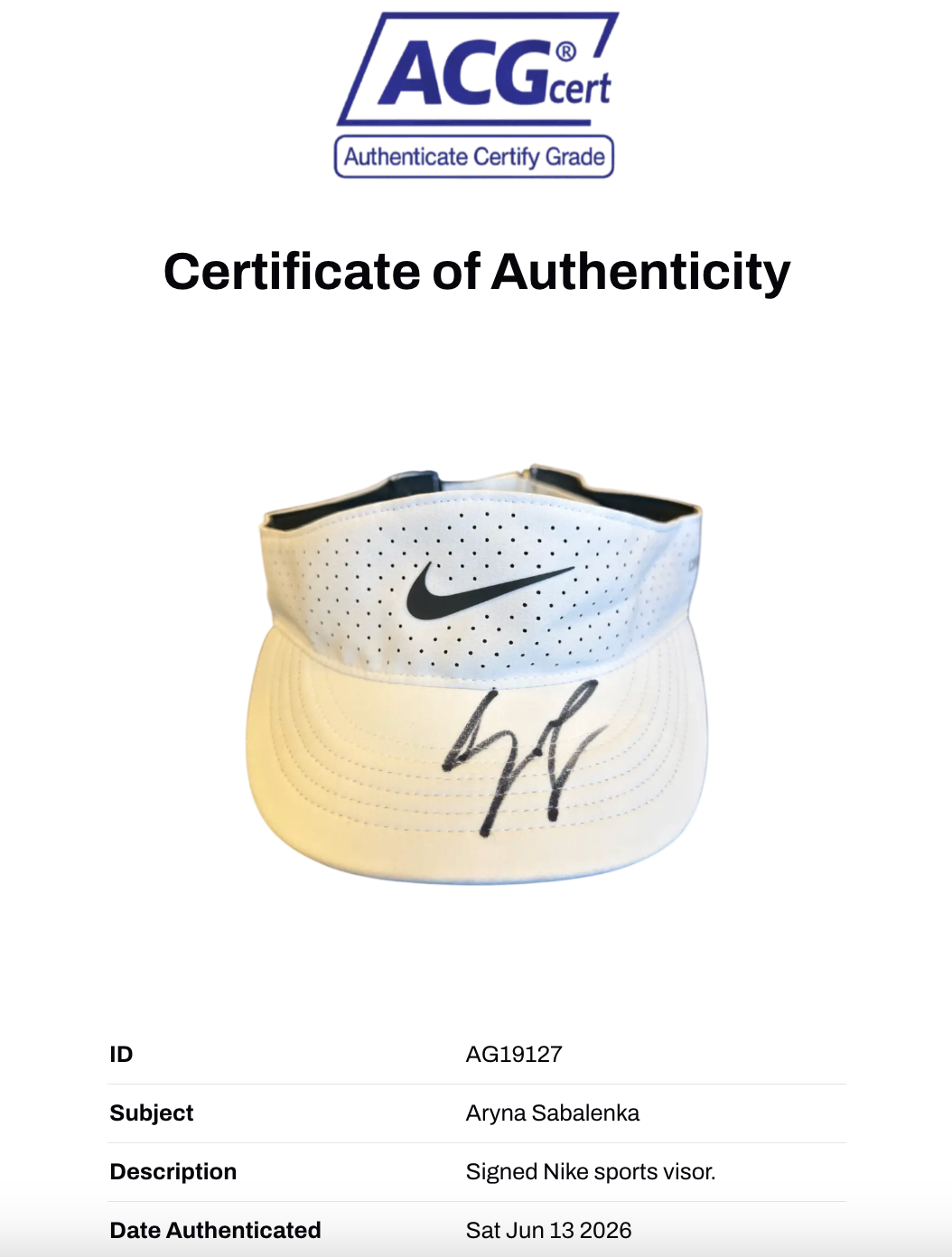 ARYNA SABALENKA SIGNED NIKE WHITE TENNIS CAP (ACG CERT AG19127)