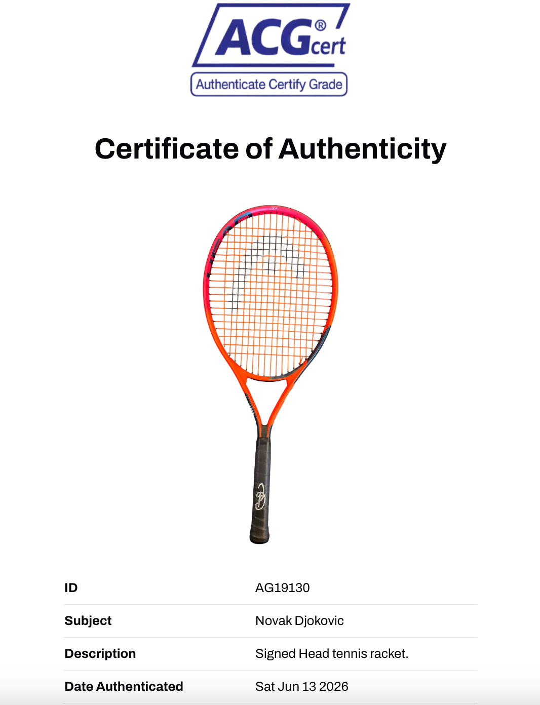 NOVAK DJOKOVIC SIGNED RED HEAD ATTITUDE TENNIS RACKET (ACG CERT AG19130)