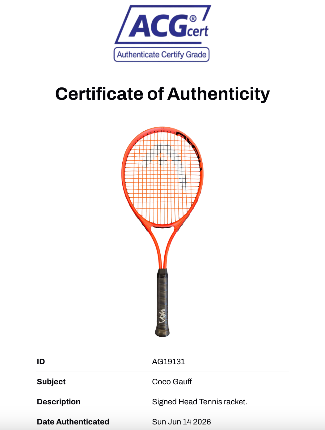 COCO GAUFF SIGNED RED HEAD ATTITUDE TENNIS RACKET (ACG CERT AG19131)