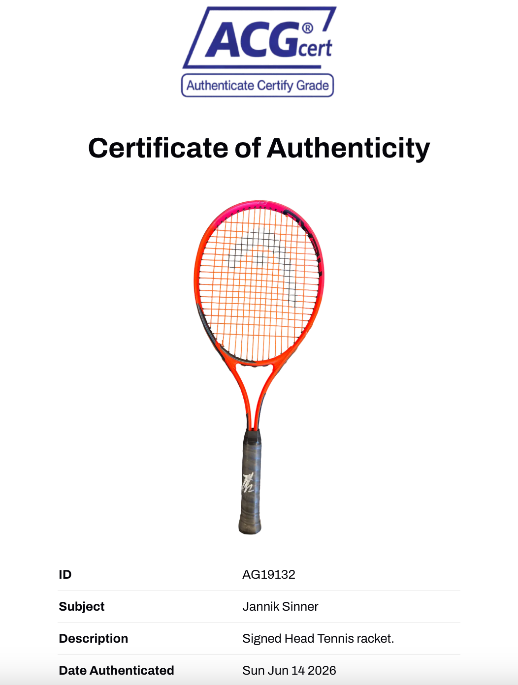 JANNIK SINNER SIGNED RED HEAD ATTITUDE TENNIS RACKET (ACG CERT AG19132)