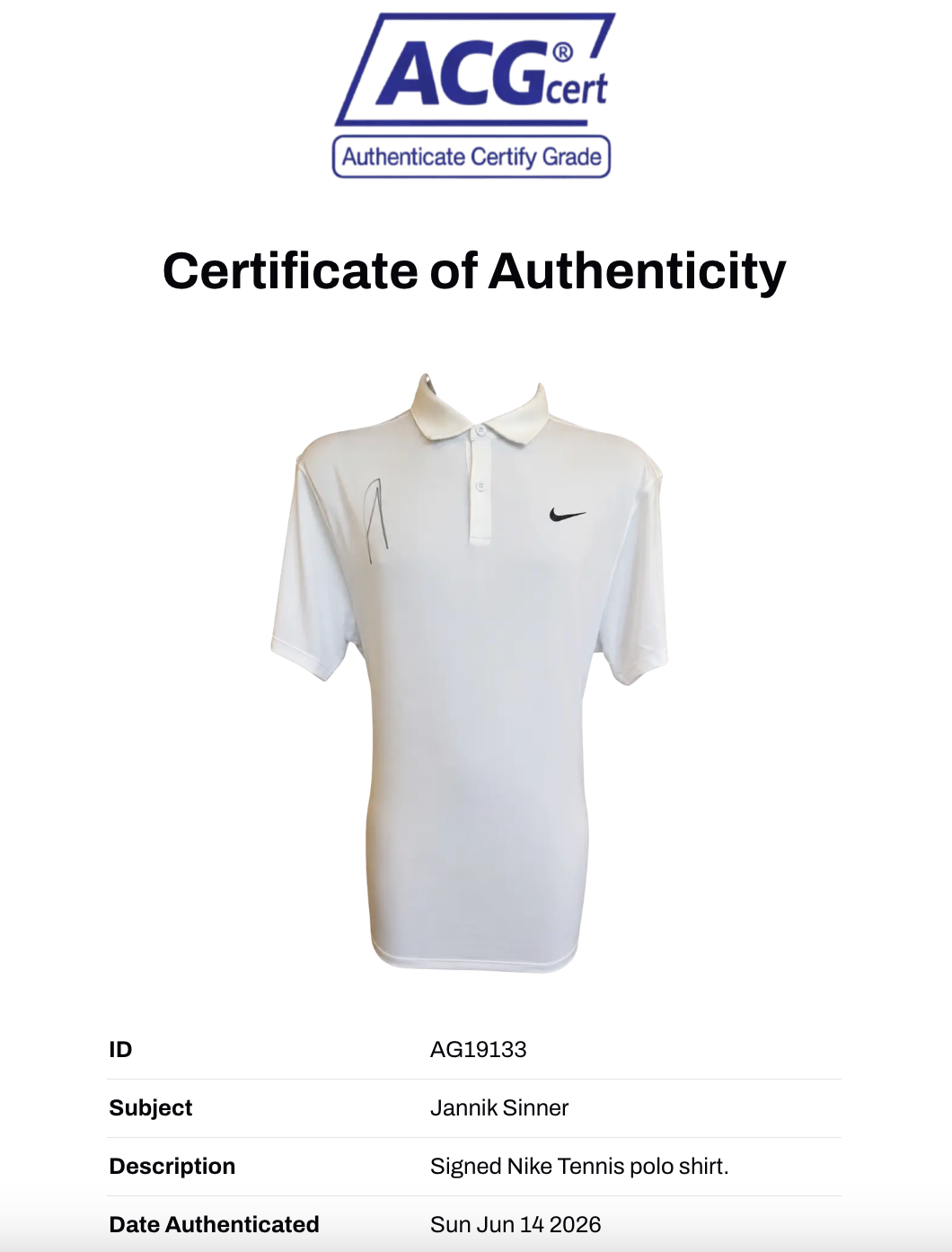JANNIK SINNER SIGNED WHITE NIKE TENNIS POLO SHIRT (ACG CERT AG19133)