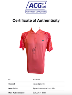 NOVAK DJOKOVIC SIGNED LACOSTE RED AUSTRALIAN OPEN POLO SHIRT (ACG CERT AG19137)-2