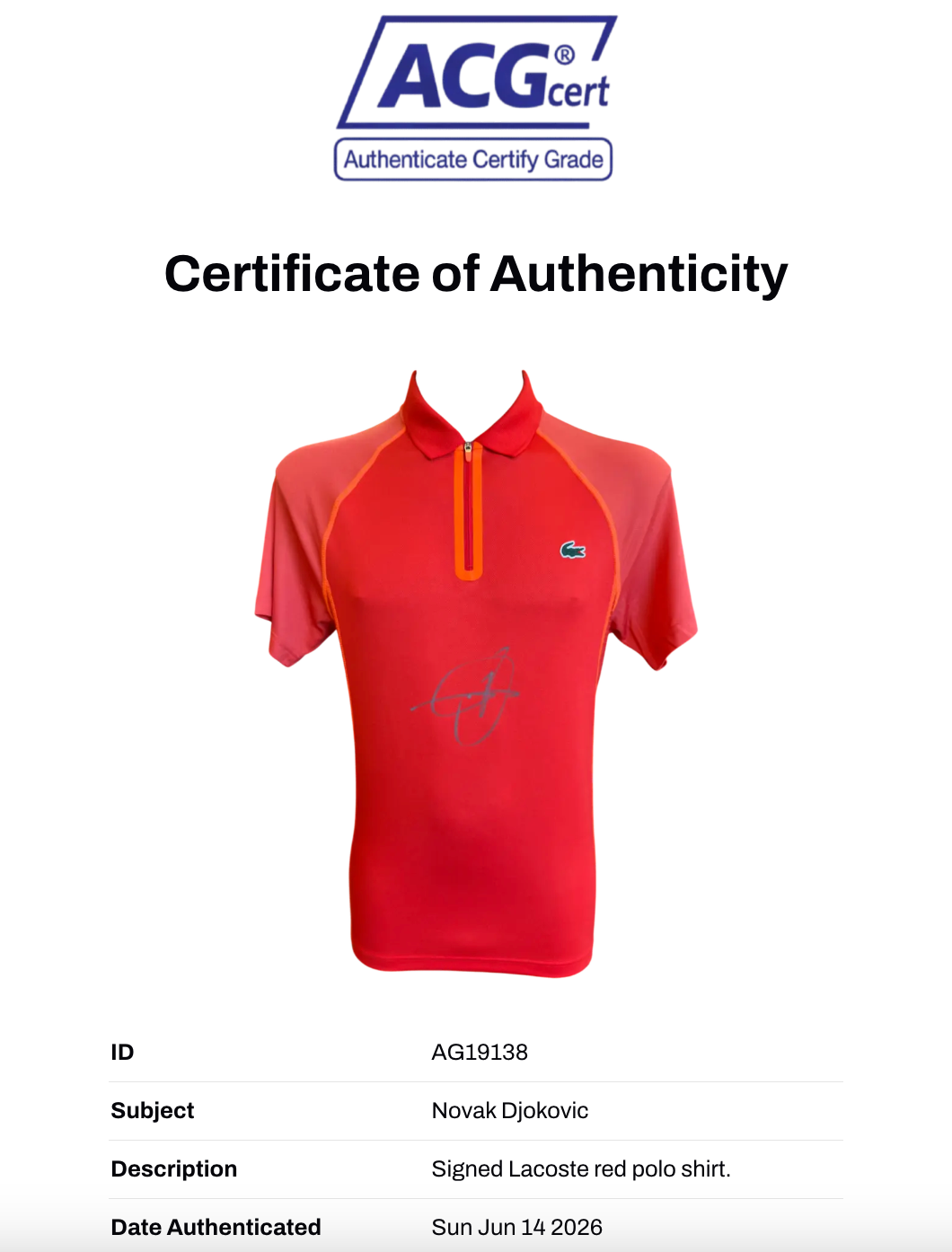 NOVAK DJOKOVIC SIGNED LACOSTE TENNIS OPEN POLO SHIRT (ACG CERT AG19138)