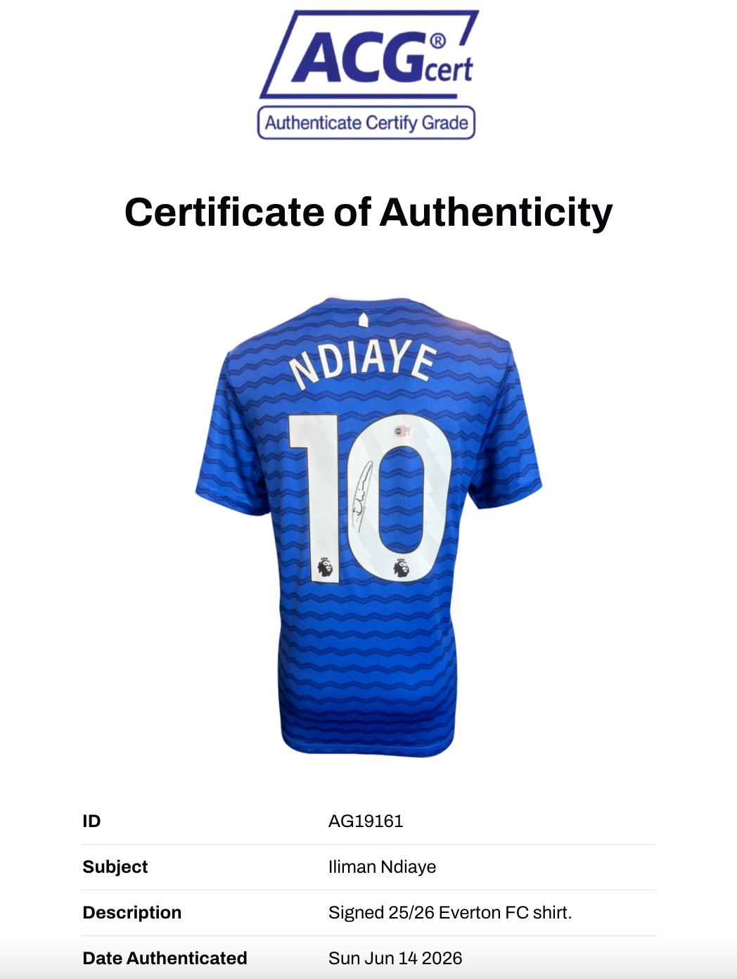 ILIMAN NDIAYE SIGNED EVERTON FC 2025/26 HOME SHIRT (ACG CERT AG19161)